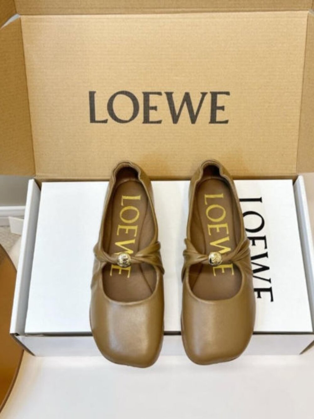 Loewe Tan Leather Mary Jane Flats with Gold Button